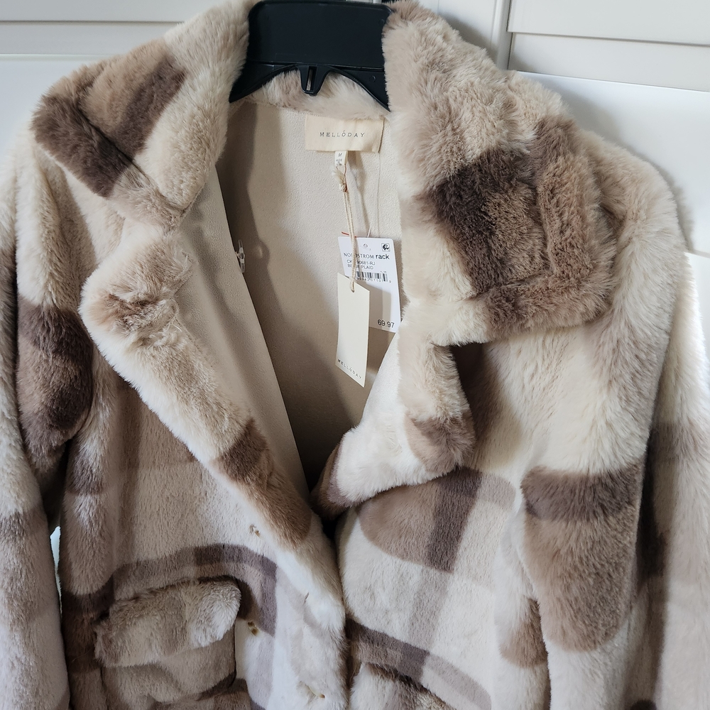 NWT Plaid Faux Fur Cream and Brown Teddy Jacket - Picture 2 of 5